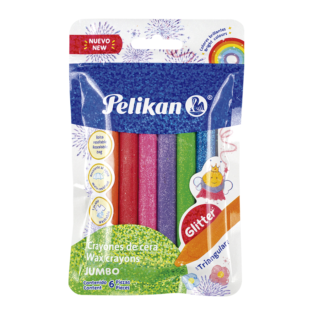 Pelicrayones Jumbo Triangulares Glitter bolsa con 6 colores