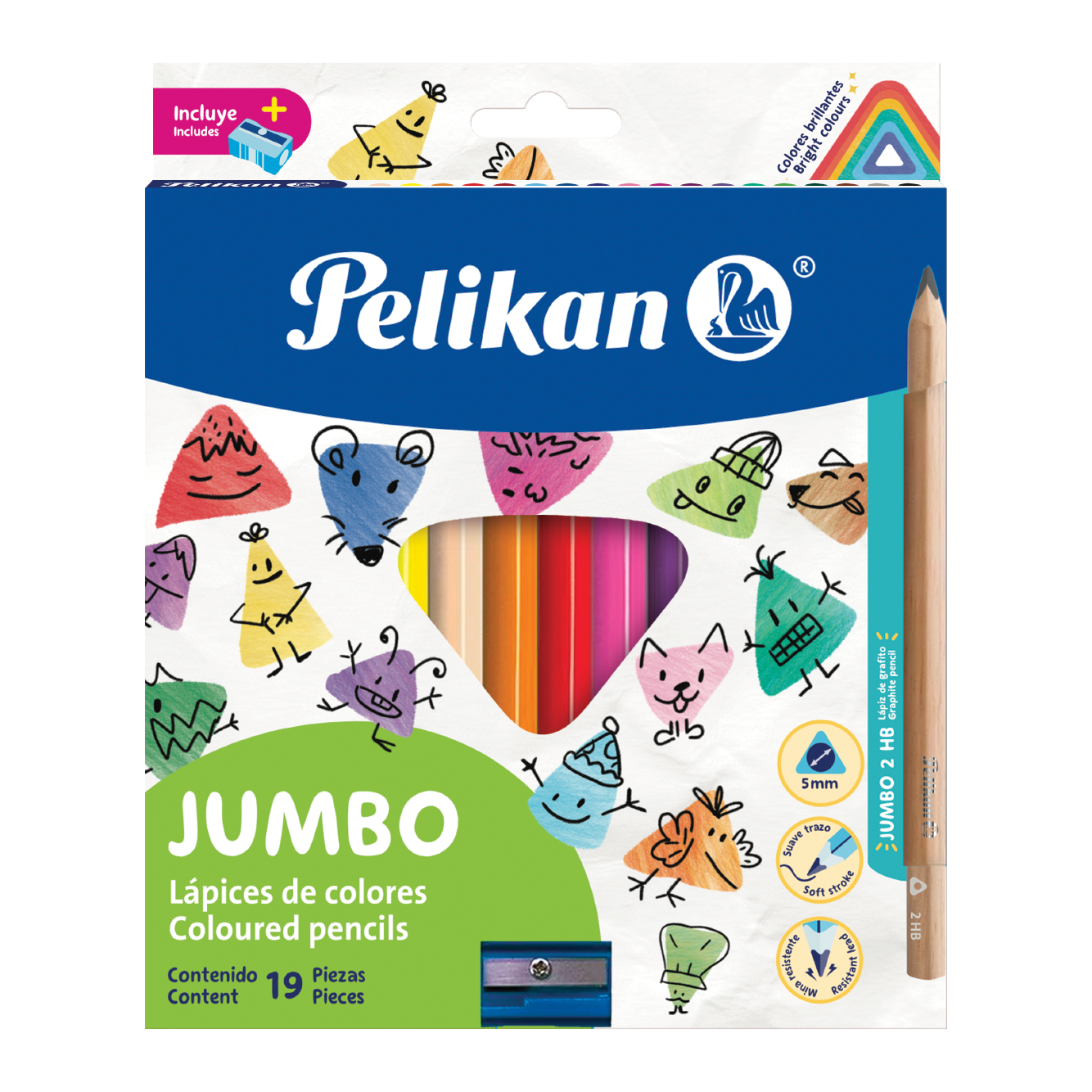 Lápices de colores triangulares Jumbo caja con 18 colores + 1 sacapuntas + 1 lápiz grafito jumbo (5 mm)