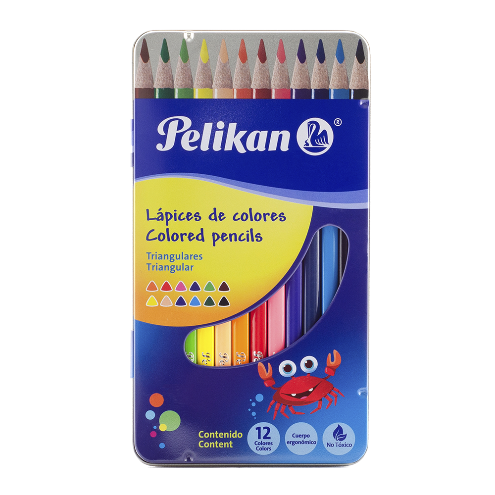 Lápices de colores triangulares estuche metálico caja de 12 piezas