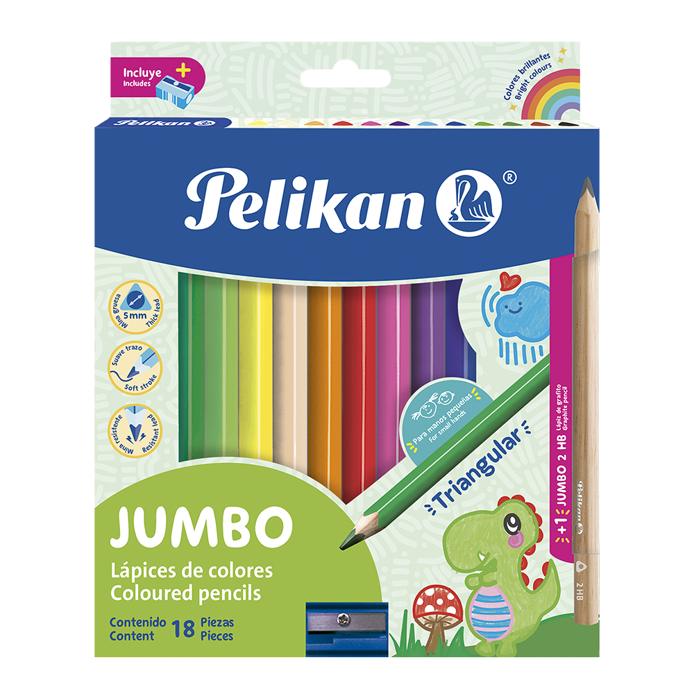 Lápices de colores triangulares Jumbo caja con 18 colores + 1 sacapuntas + 1 lápiz grafito jumbo (5 mm)