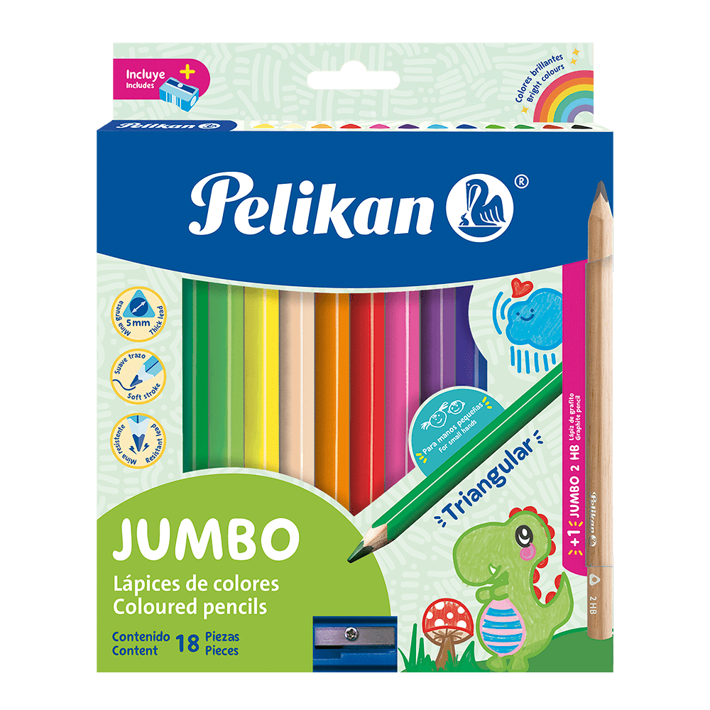 Lápices de colores triangulares Jumbo caja con 18 colores + 1 sacapuntas + 1 lápiz grafito jumbo (5 mm)