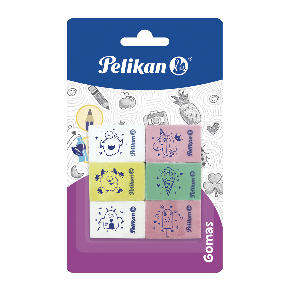 Tarjeta con 6 Gomas de borrar Pelikid