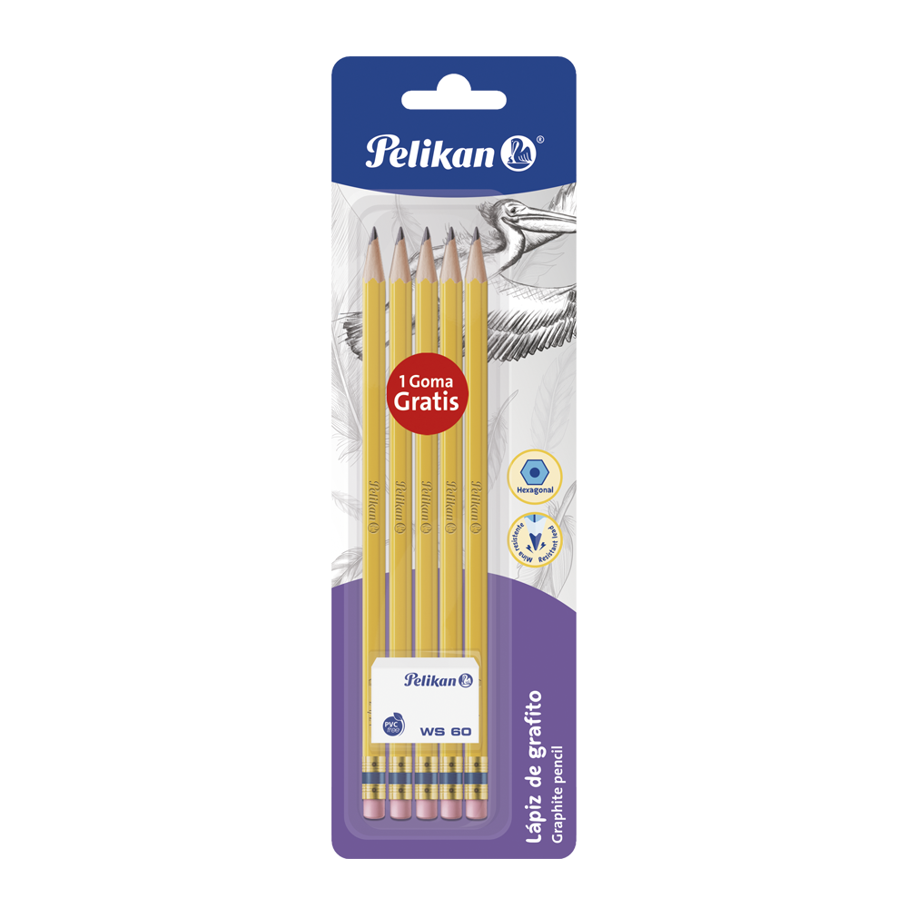 Tarjeta de 5 lápices de escritura firme #2 1/2 + 1 goma gratis WS 60