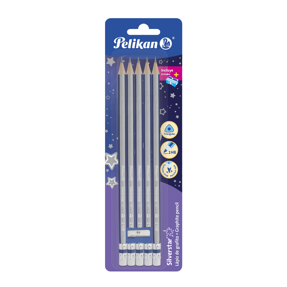 Tarjeta de 5 lápices de grafito #2HB triangular Silverstar