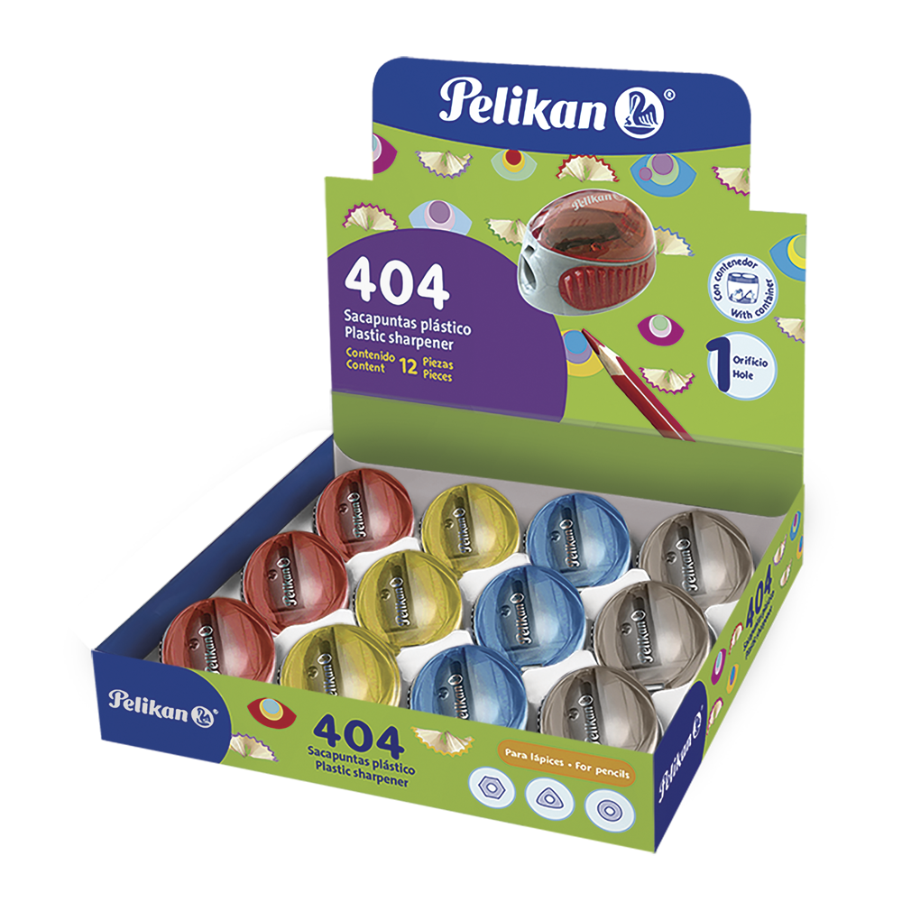 Sacapuntas plástico 404 con mini depósito caja con 12 piezas colores surtidos