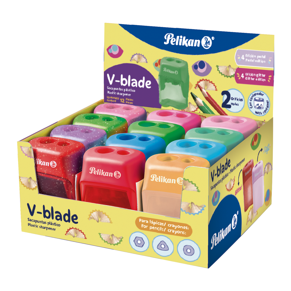 Sacapuntas V-BLADE 2 orificios con 12 piezas colores surtidos
